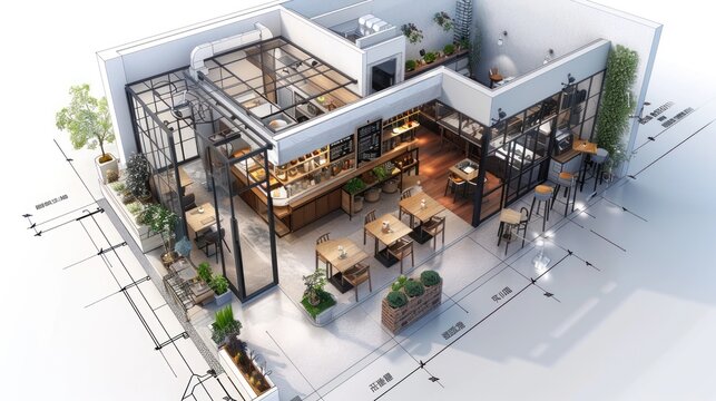 3D isometric rendering of a cafe with a bar and outdoor seating area.