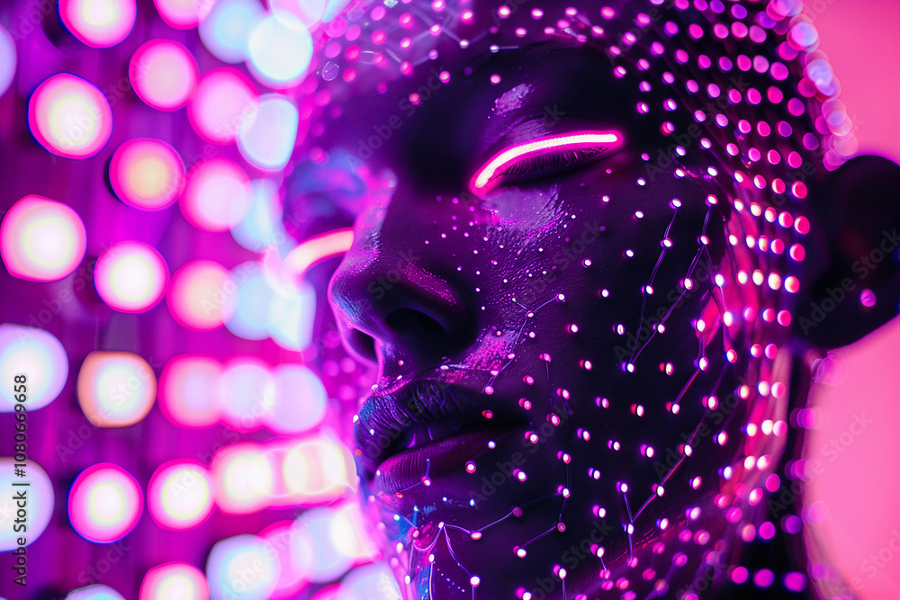 Poster generative ai visual of futuristic cyber light projection on face