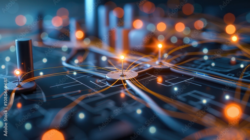 Aufkleber close-up of an abstract circuit board with glowing nodes and lines, symbolizing energy flow, connect