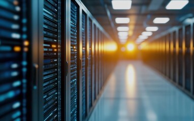 A server room with rows of high-tech servers, illuminated by soft lighting, creating an atmosphere of advanced technology and data storage.