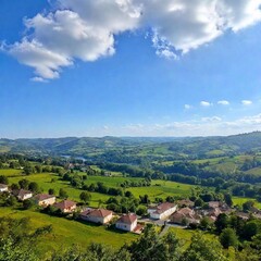 Obraz premium A full shot of a cute village landscape at eye level, among hills stretching into the distance under a clear sky.