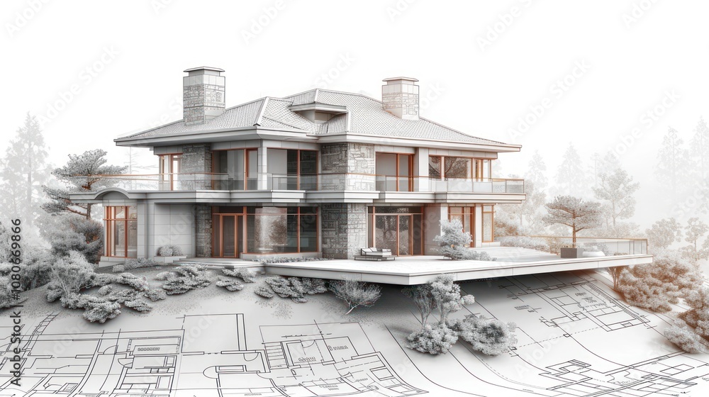 Poster 3d rendering of a modern house design with a blueprint underneath.