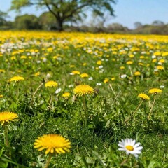 Obraz premium A full shot of a rolling meadow with butterflies and bees at eye level, filled with green grass and wildflowers under a bright blue sky.