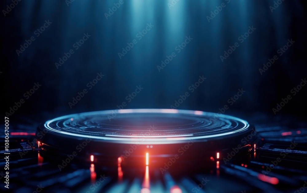 Aufkleber a glowing circular object in a dark environment, illuminated by blue and red lights, suggesting a fu