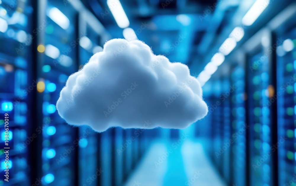 Fototapete A digital cloud floats amidst rows of servers, symbolizing cloud computing and modern data storage technology.