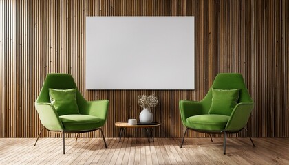 Blank poster mockup in modern interior with green chairs and wooden wall. 3D Rendering