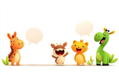 Obraz premium A colorful illustration featuring cheerful cartoon animals with speech bubbles, emphasizing joy and playfulness in a vibrant setting.