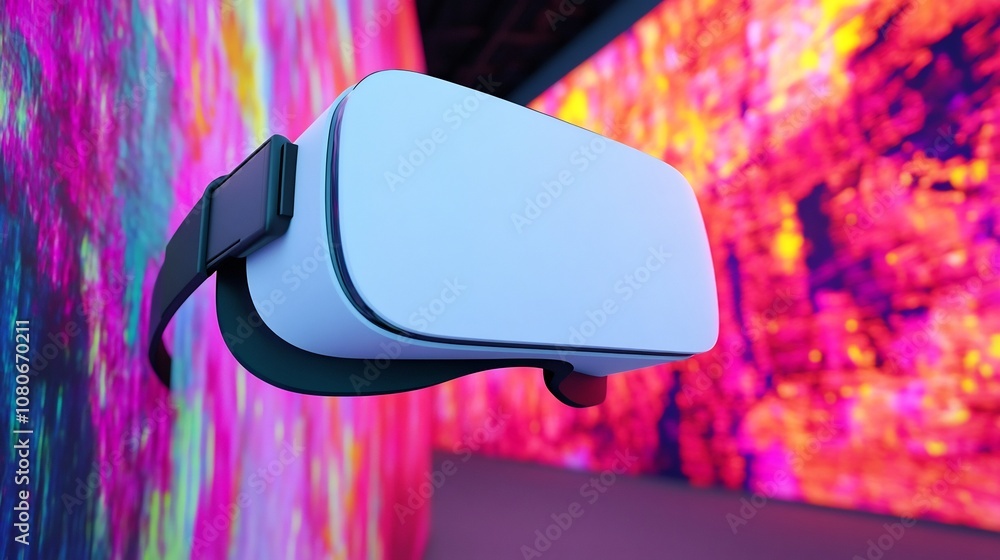 Poster immersive virtual reality headset displaying vibrant abstract digital art in futuristic setting