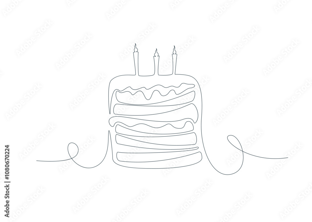 Poster birthday cake with candles one continuous line drawing sign emblem. vector illustration of party ele
