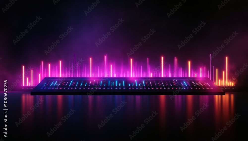 Leinwandbilder a vibrant display of colorful light bars reflecting on a dark surface, creating an immersive, high-t