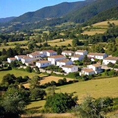 Fototapeta premium A full shot of a cute village landscape at eye level, among hills stretching into the distance under a clear sky.