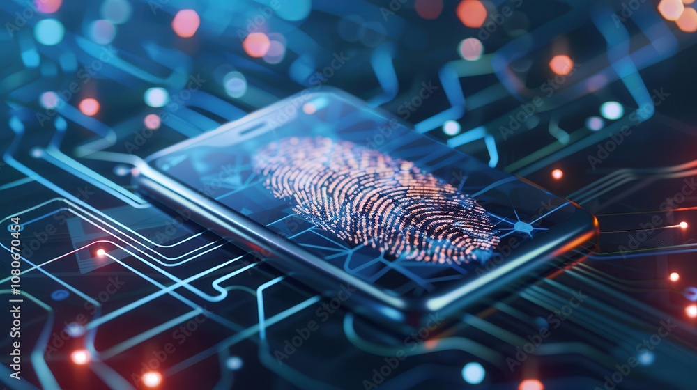 Poster smartphone displaying a glowing digital fingerprint on a circuit board background, symbolizing mobil