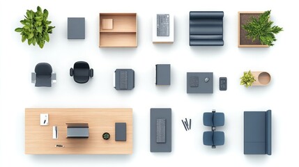 Overhead view of an office space with desks, chairs, and plants. This top-down perspective provides a clear layout of the workspace.