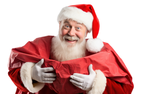 Santa Claus carrying a large bulging sack of gifts wearing a festive hat with a joyful expression isolated on white background