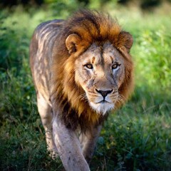 Fototapeta premium A macro photo of a lion prowling through the dense underbrush, deep focus on its intense gaze and the fine details of its powerful limbs, high-angle shot highlighting the strength and agility of its f