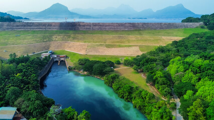 Aerial View of Jatiluhur, the Largest Dam in Indonesia. Bendungan Jatiluhur of Purwakarta. Multi-Purpose Embankment Dam on The Citarum River with Morning Glory Spillway