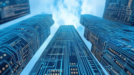 Fototapeta premium Digital circuit board growing into skyscrapers, symbolizing tech integration, business growth, and futuristic strategy