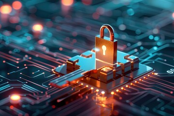 A glowing padlock icon atop a microchip on a circuit board, symbolizing cybersecurity, data protection, and secure digital infrastructure in modern technology.