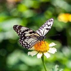 Fototapeta premium A macro photo of a butterfly perched delicately on a flower petal, soft focus blurring the background to emphasize the details of its wing patterns, low angle shot creating an upward perspective, addi