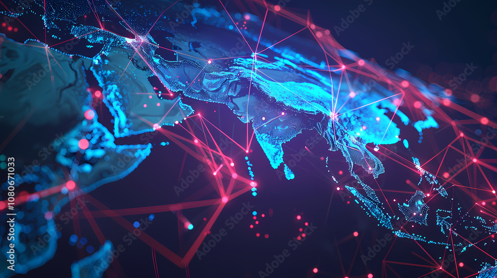 Poster digital background of wold map in bliue and pink lines generated ai