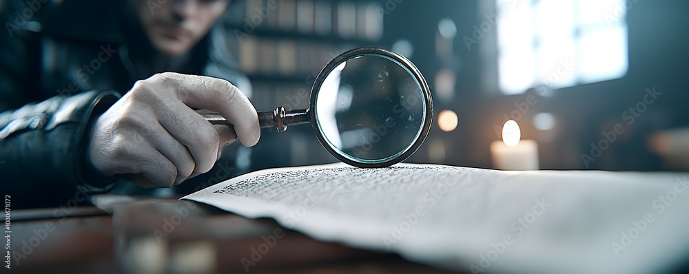 Aufkleber intrigued detective examining ancient scroll with magnifying glass - mysterious study with flickerin