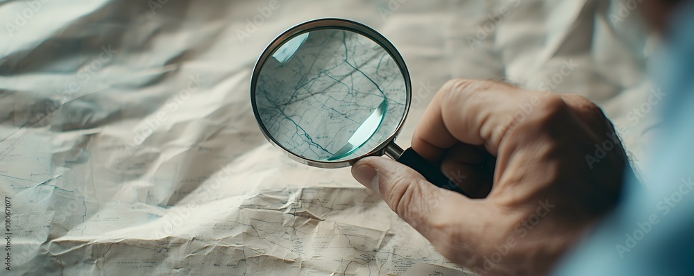 Poster detective with magnifying glass examining creased map - intriguing investigation scene highlighting 