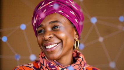 Vibrant Woman in Pink Headwrap Smiling: Perfect for Inspirational Art, Wall Decor, and Cultural Appreciation