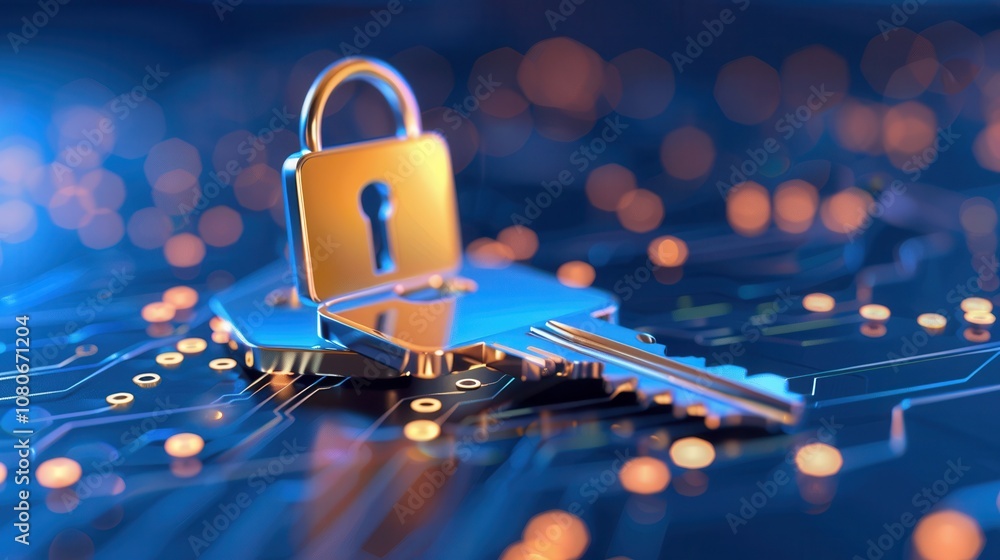 Poster golden padlock and key placed on a circuit board, representing cybersecurity, digital access control