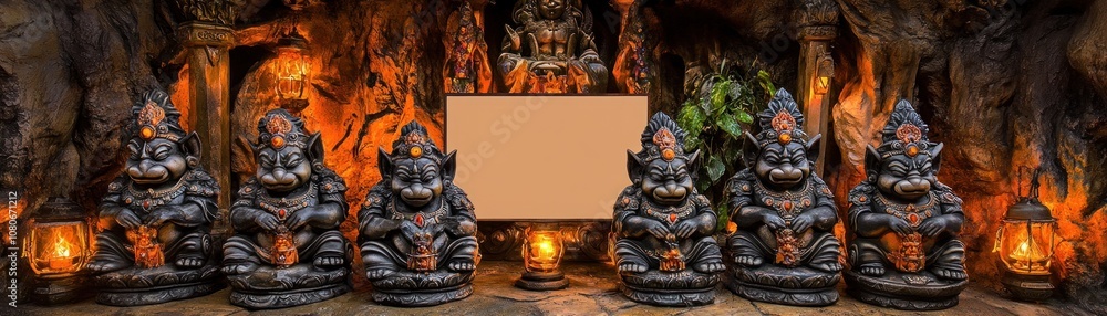 Poster a serene display of stone statues in a cave-like setting, with a blank space for text.