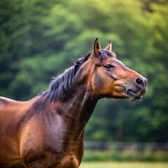 A close-up photo of a horse's nostrils flaring as it exhales in cold air, deep focus showing the texture of its skin and the mist forming around its muzzle, eye-level shot for an intimate and dynamic 