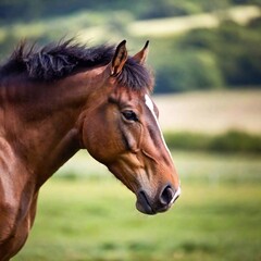 Obraz premium A close-up portrait photo of a horse with the wind blowing through its mane, deep focus revealing the intricate strands of hair and the gentle contours of its face, eye-level shot to emphasize the hor