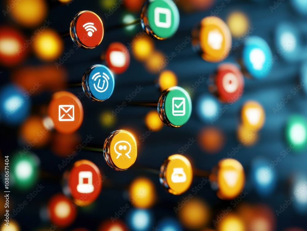 Poster colorful icons representing various digital communication tools connected in a network, symbolizing 