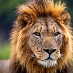 A close-up photo portrait of a lion in profile, deep focus on the curve of its nose and the texture...