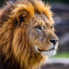 Naklejka premium A close-up photo portrait of a lion in profile, deep focus on the curve of its nose and the texture of its whiskers, eye-level shot highlighting its elegant and fierce nature