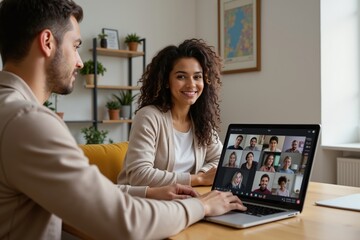 Remote work collaboration: diverse team engages in virtual meeting from home office.