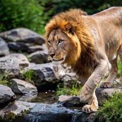 Obraz premium A macro photo of a lion leaping over a small stream, deep focus on the motion and musculature, high-angle shot capturing its full body mid-air, highlighting the dynamic action and strength of the lion