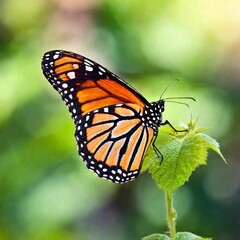 Fototapeta premium A macro photo of a butterfly with its wings partially open, soft focus creating a dreamy, ethereal backdrop, low angle shot making the butterfly appear majestic against the soft, blurred colors of its