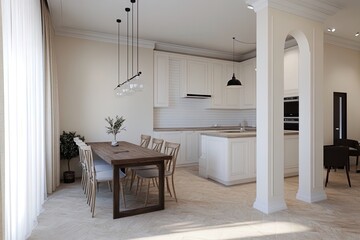 Fototapeta premium Modern Kitchen and Dining Area Featuring a Large Table and Elegant Decor in a Bright, Open Setting