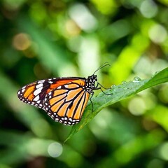 Naklejka premium A macro photo of a butterfly resting on a dew-covered leaf, soft focus blurring the light reflections from the dew drops, low angle shot giving an upward view that enhances the fragile and translucent