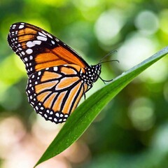A macro photo of a butterfly resting on a dew-covered leaf, soft focus blurring the light reflections from the dew drops, low angle shot giving an upward view that enhances the fragile and translucent