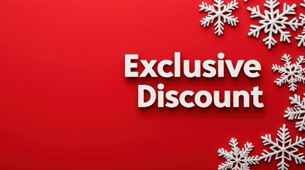A vibrant red background featuring the text "Exclusive Discount" with white snowflakes, perfect for holiday promotions.