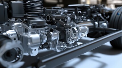 Fototapeta premium Close-up of heavy-duty truck frame and chassis with visible mechanical components, highly detailed