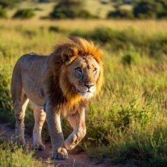 A macro photo of a lion crossing a sunlit savanna, deep focus on its silhouette against the bright...