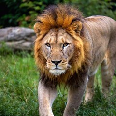 Obraz premium A macro photo of a lion prowling through the dense underbrush, deep focus on its intense gaze and the fine details of its powerful limbs, high-angle shot highlighting the strength and agility of its f