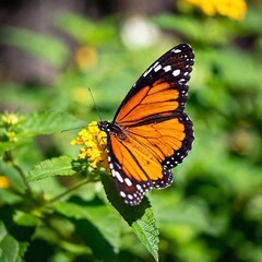 Fototapeta premium A close-up photo of a monarch butterfly with its wings fully open, deep focus highlighting the contrast between its orange and black markings, eye-level shot offering a sharp portrait that showcases i