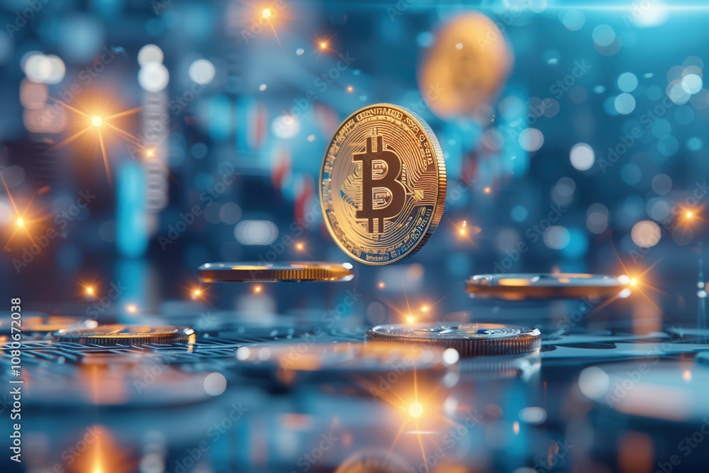 Poster golden bitcoin coins floating against a digital background with sparkling lights, symbolizing crypto