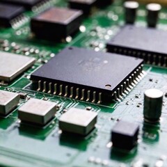 a macro shot of a circuit board with AI processors and components. Focus on the intricate details of the microchips, connections, and pathways that illustrate the technology behind artificial intellig