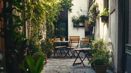 A small courtyard with a table and chairs, surrounded by lush greenery. It's the perfect spot to enjoy a quiet meal or afternoon coffee.
