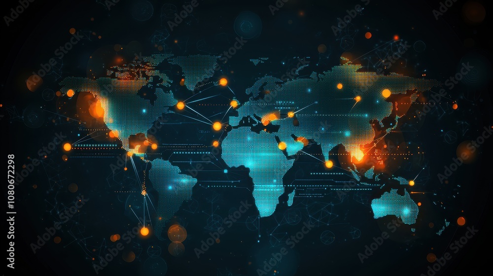 Poster a high-tech, futuristic digital world map with glowing data points