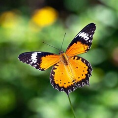 Naklejka premium A close-up photo of a butterfly in flight, wings slightly blurred to convey motion, deep focus on its body and head, eye-level shot capturing its expressive eyes and unique patterns, giving a sense of